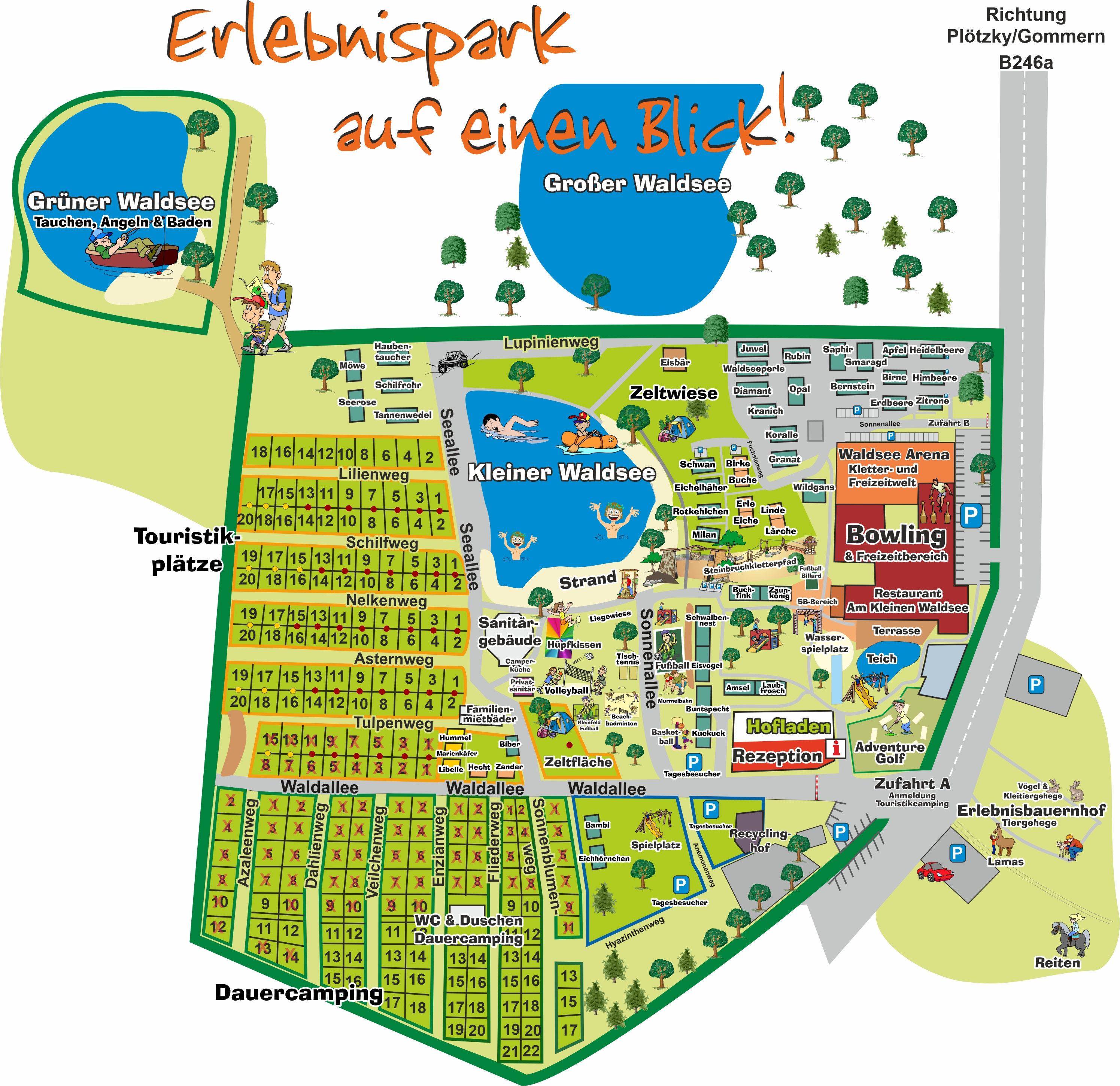 Stellplätze und Ferienhäuser im Erlebnispark auf einen Blick